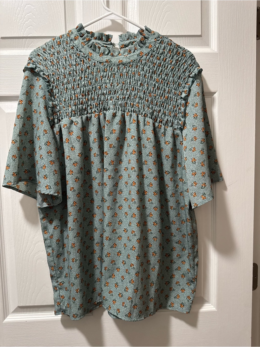 2/$25 Darling Blue Smocked Floral Blouse with Mustard Accents